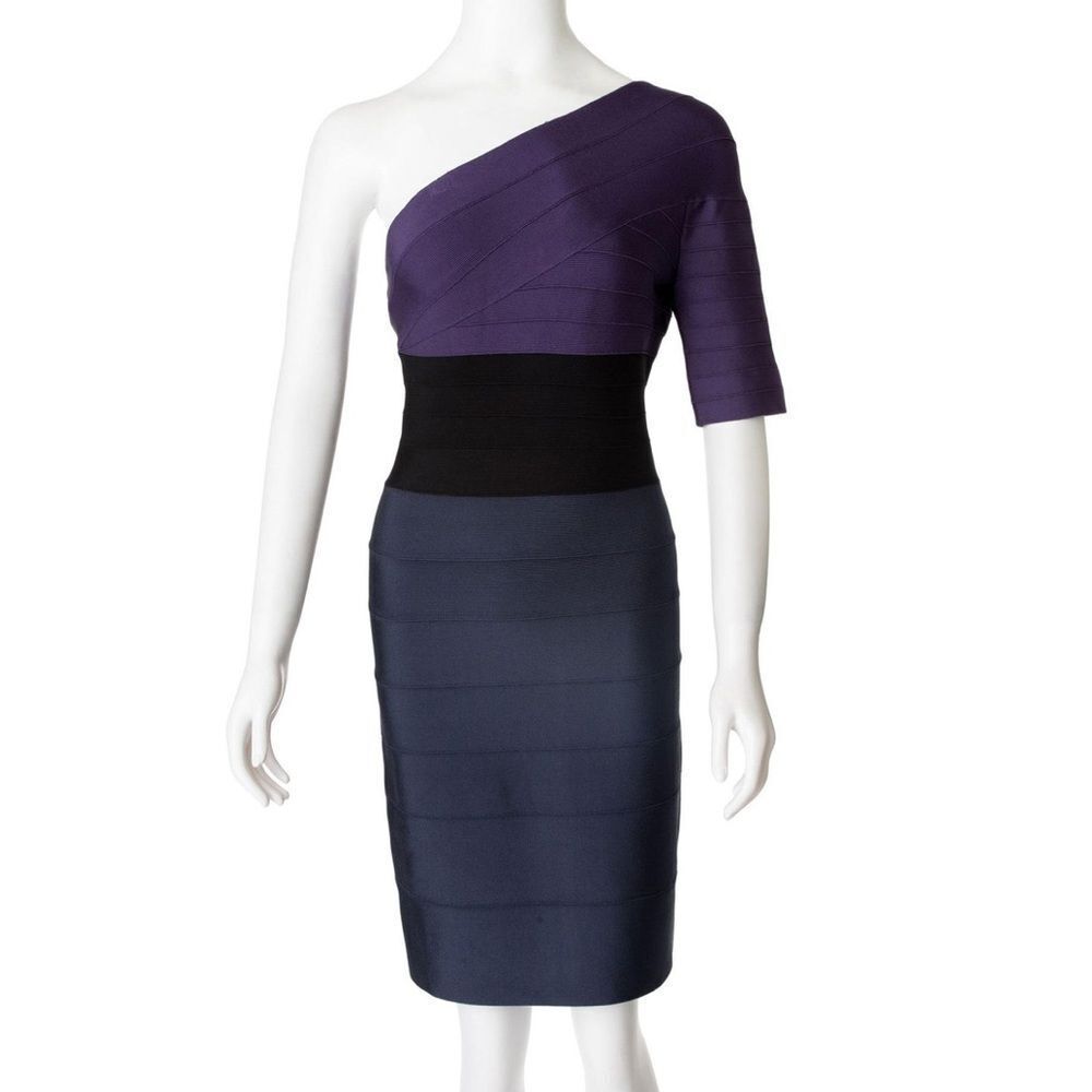 Herve Leger One-shoulder Tri-Colour Block Bandage Dress Size L - Picture 2 of 11